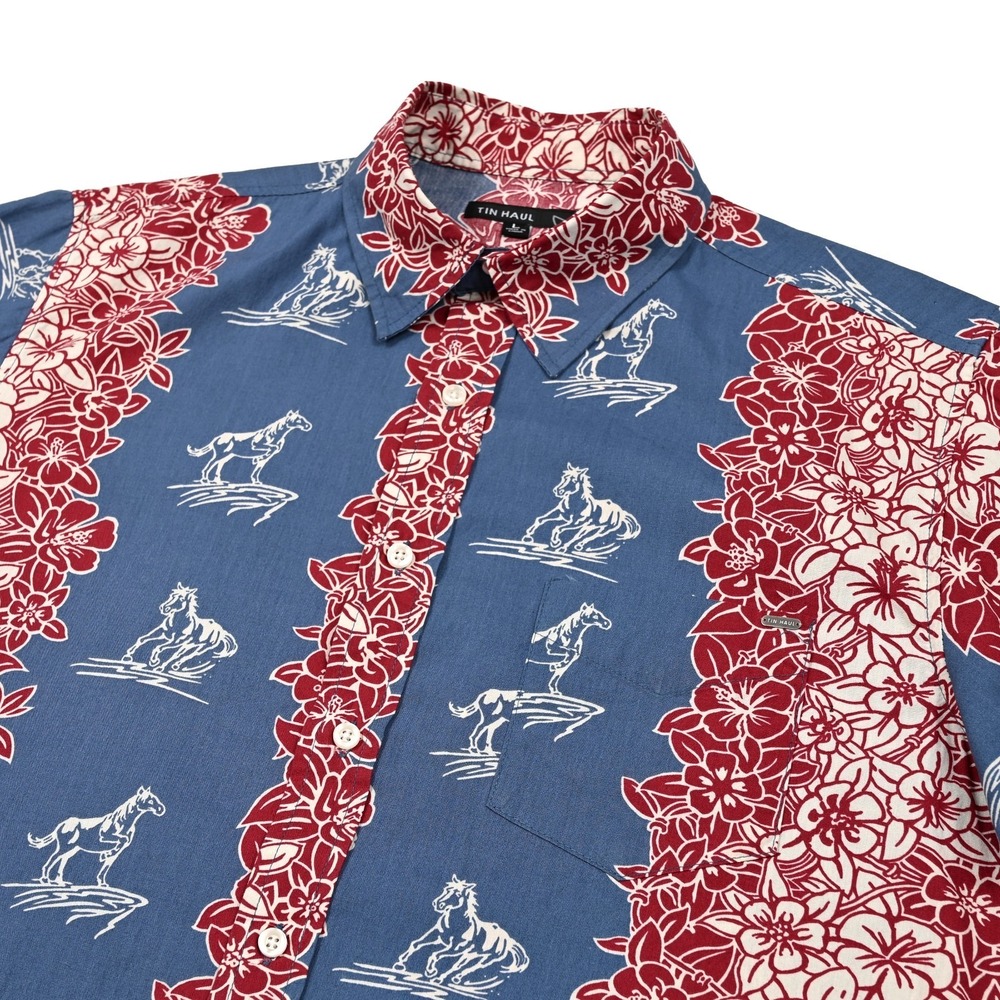 Tin Haul Tropical Floral Horse Print Short Sleeve Button‎ Up Shirt Men's Large